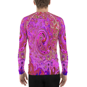 Men's Athletic Rash Guard Shirts, Hot Pink Marbled Colors Abstract Retro Swirl