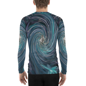 Men's Athletic Rash Guard Shirts, Cool Abstract Retro Black and Teal Cosmic Swirl