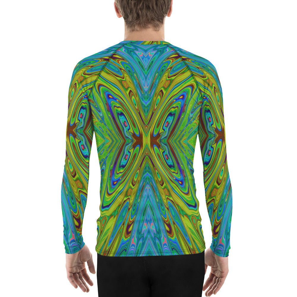 Men's Athletic Rash Guard Shirts, Trippy Chartreuse and Blue Abstract Butterfly