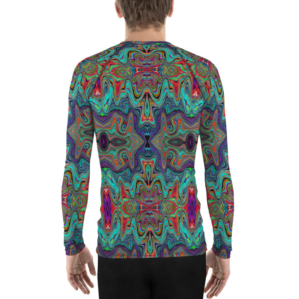 Men's Athletic Rash Guard Shirts, Wavy Sea Foam Green and Red Trippy Pattern