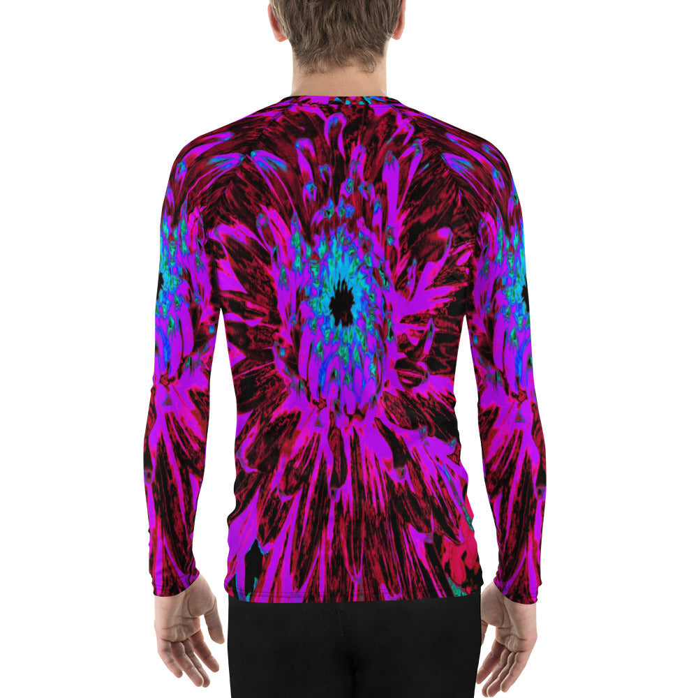 Men's Athletic Rash Guard Shirts, Dramatic Crimson Red, Purple and Black Dahlia