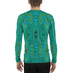 Men's Athletic Rash Guard Shirts, Trippy Retro Turquoise Chartreuse Abstract Pattern