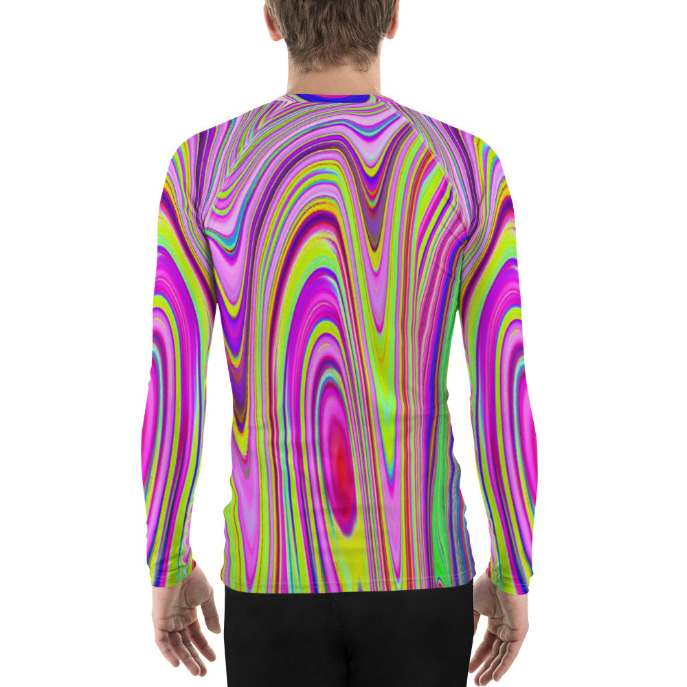 Men's Athletic Rash Guard Shirts, Trippy Yellow and Pink Abstract Groovy Retro Art