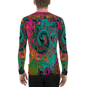 Men's Athletic Rash Guard Shirt, Trippy Turquoise Abstract Retro Liquid Swirl