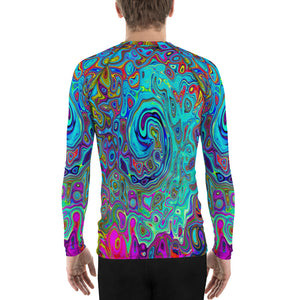 Men's Athletic Rash Guard Shirt, Trippy Sky Blue Abstract Retro Liquid Swirl