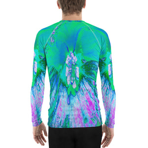 Men's Athletic Rash Guard Shirts, Psychedelic Retro Green and Hot Pink Hibiscus Flower