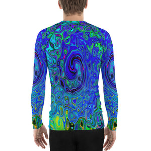 Men's Athletic Rash Guard Shirts, Trippy Violet Blue Abstract Retro Liquid Swirl