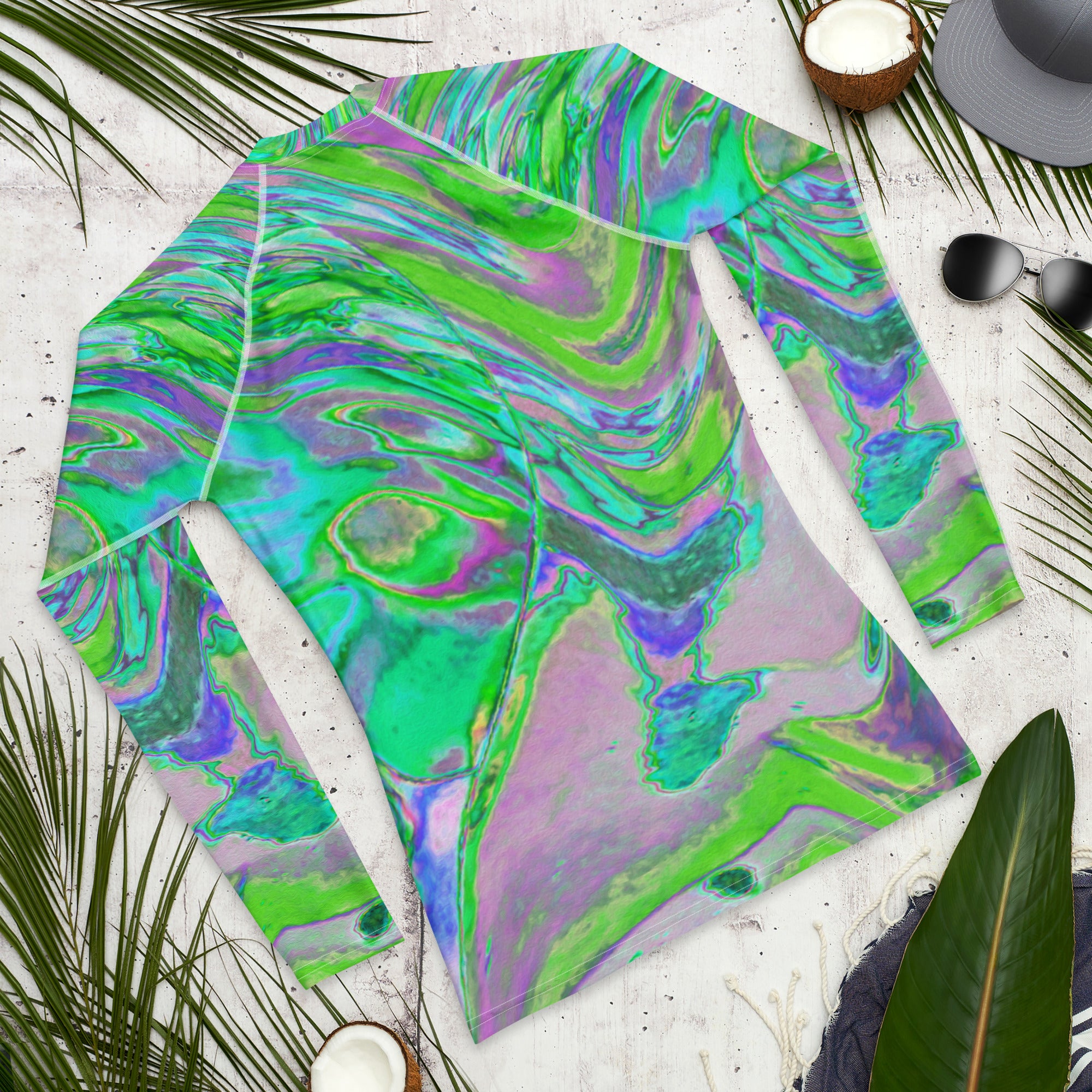 Men's Athletic Rash Guard Shirts, Cool Abstract Chartreuse and Blue Groovy Retro