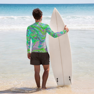 Men's Athletic Rash Guard Shirts, Cool Abstract Chartreuse and Blue Groovy Retro