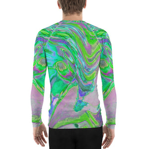 Men's Athletic Rash Guard Shirts, Cool Abstract Chartreuse and Blue Groovy Retro