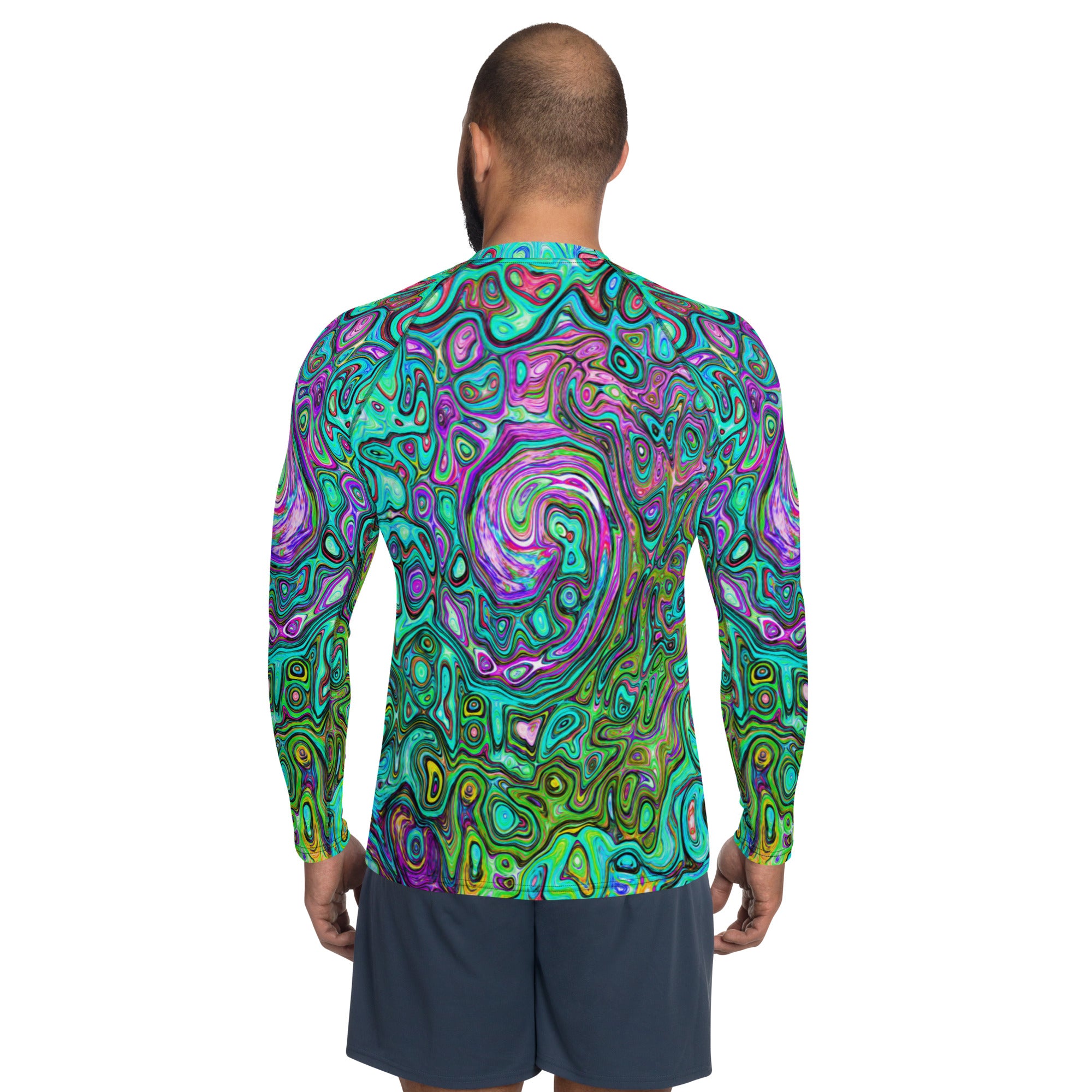 Men's Athletic Rash Guard Shirts, Aquamarine Groovy Abstract Retro Liquid Swirl