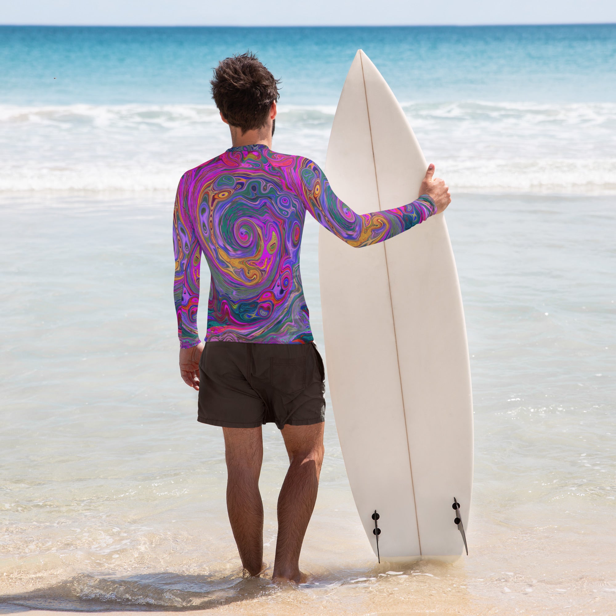 Men's Athletic Rash Guard Shirts, Retro Magenta, Green and Orange Abstract Swirl