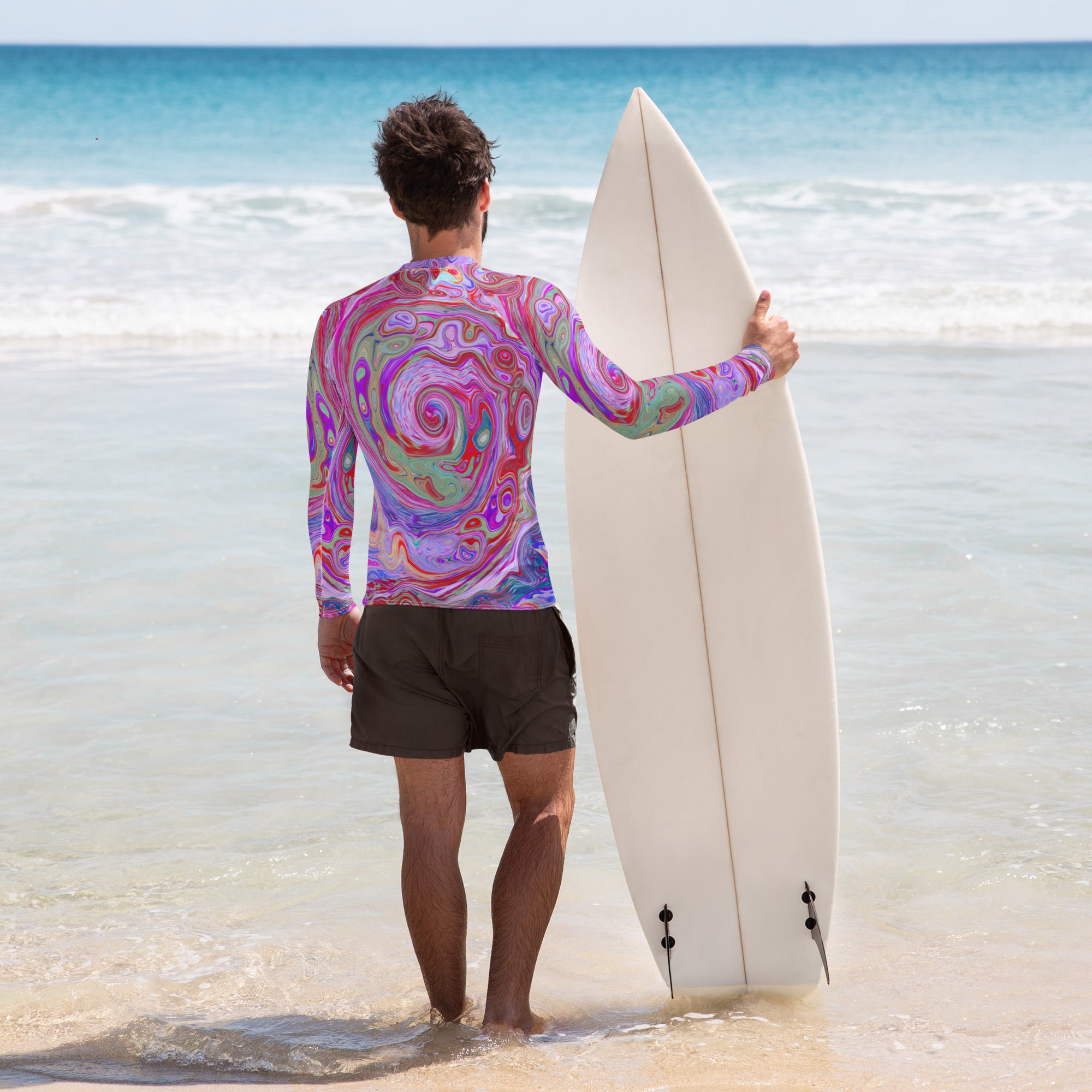 Men's Athletic Rash Guard Shirts, Groovy Abstract Retro Red, Purple and Pink Swirl