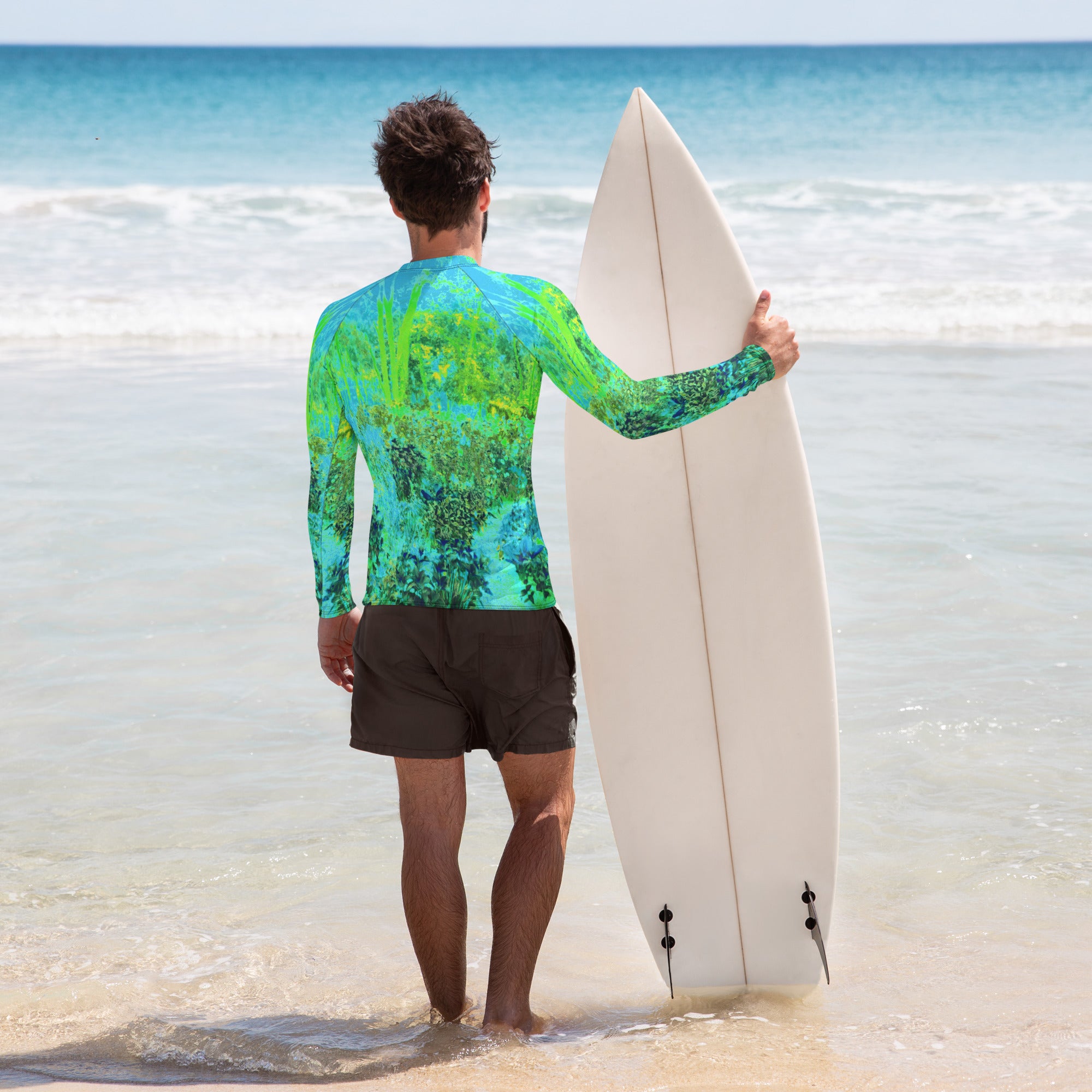 Men's Athletic Rash Guard Shirts - Trippy Lime Green and Blue Impressionistic Landscape