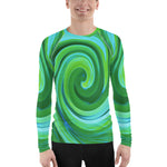 Men's Athletic Rash Guard Shirts, Groovy Abstract Turquoise Liquid Swirl Painting