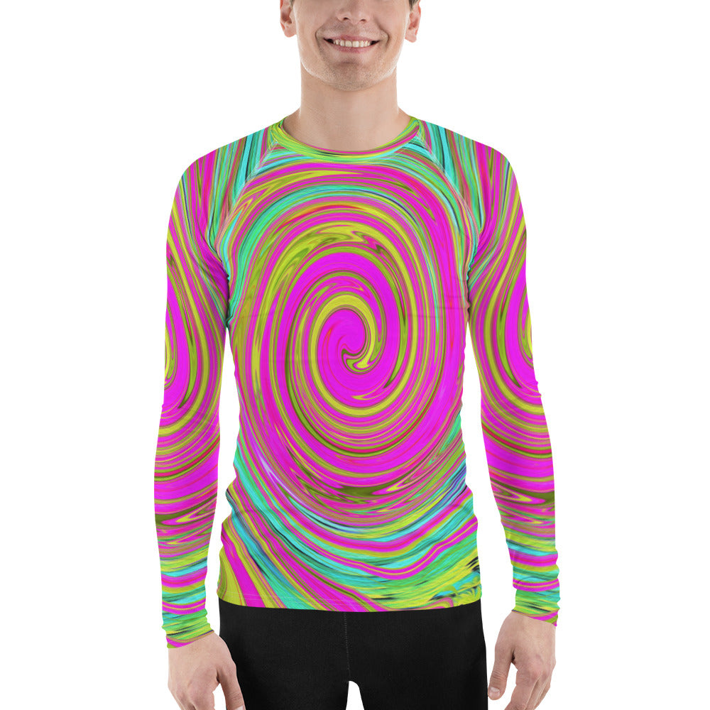 Men's Athletic Rash Guard Shirts, Groovy Abstract Pink and Turquoise Swirl