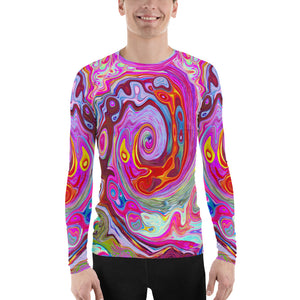 Men's Athletic Rash Guard Shirts, Groovy Abstract Retro Hot Pink and Blue Swirl