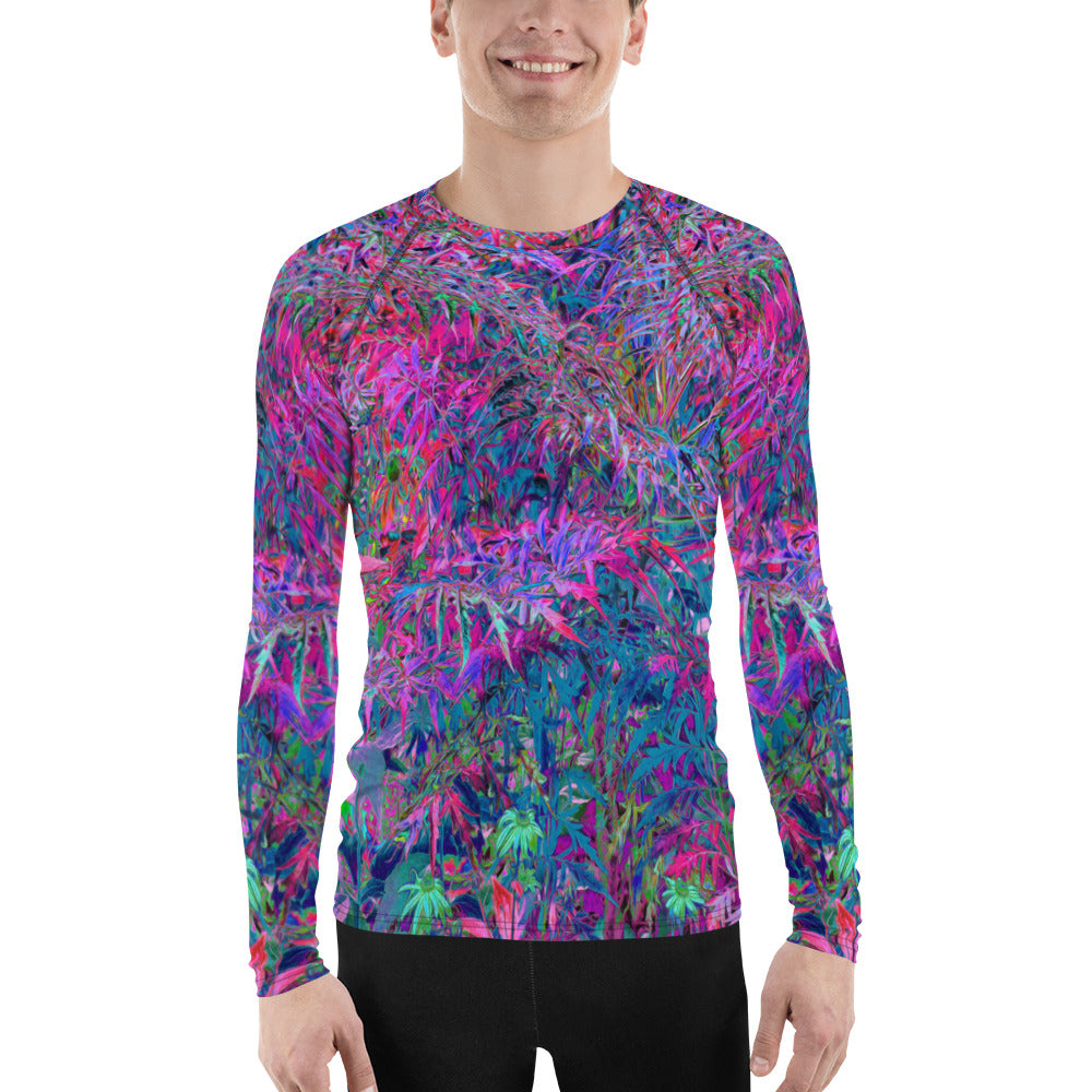 Men's Athletic Rash Guard Shirts, Abstract Psychedelic Rainbow Colors Foliage Garden