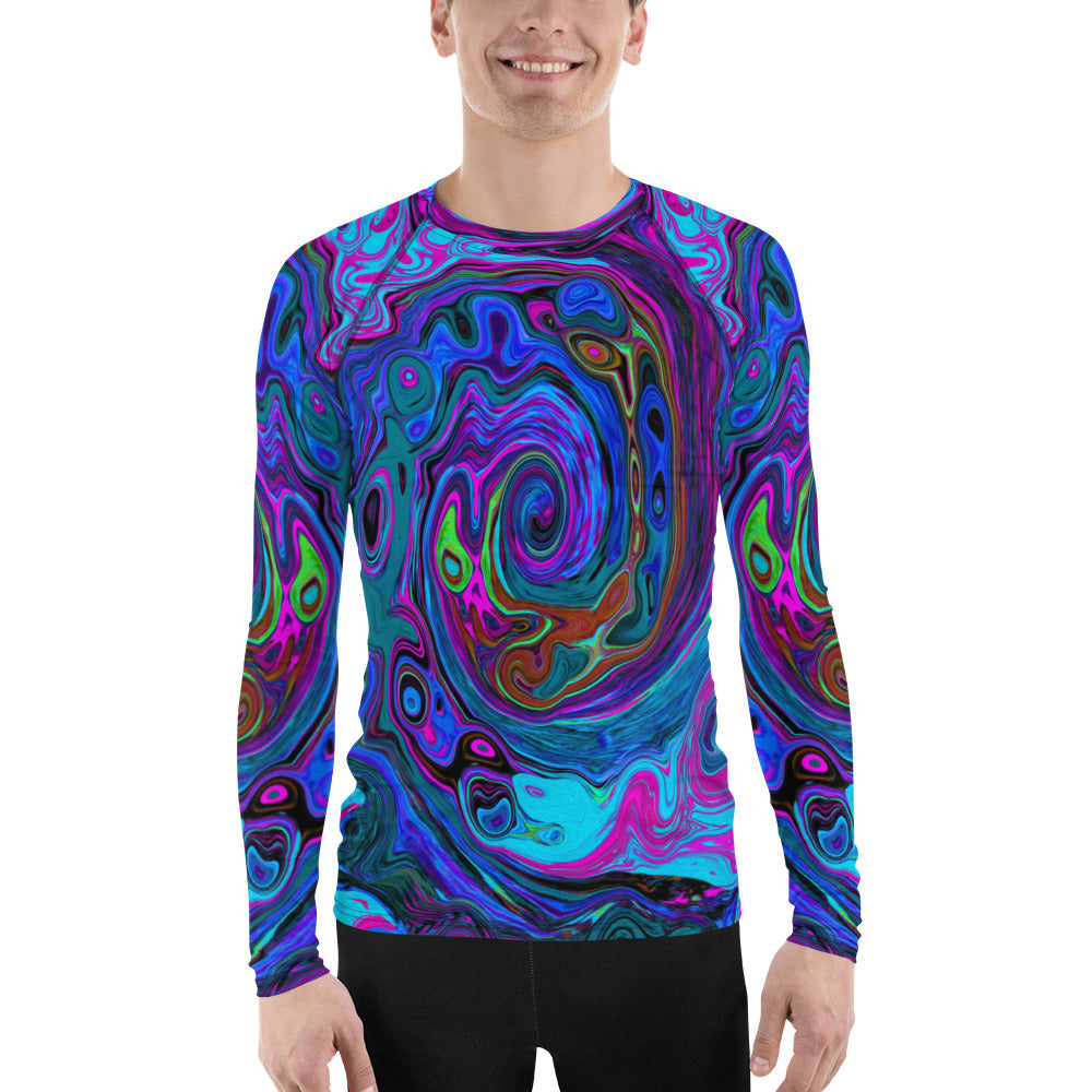 Men's Athletic Rash Guard Shirts, Groovy Abstract Retro Blue and Purple Swirl