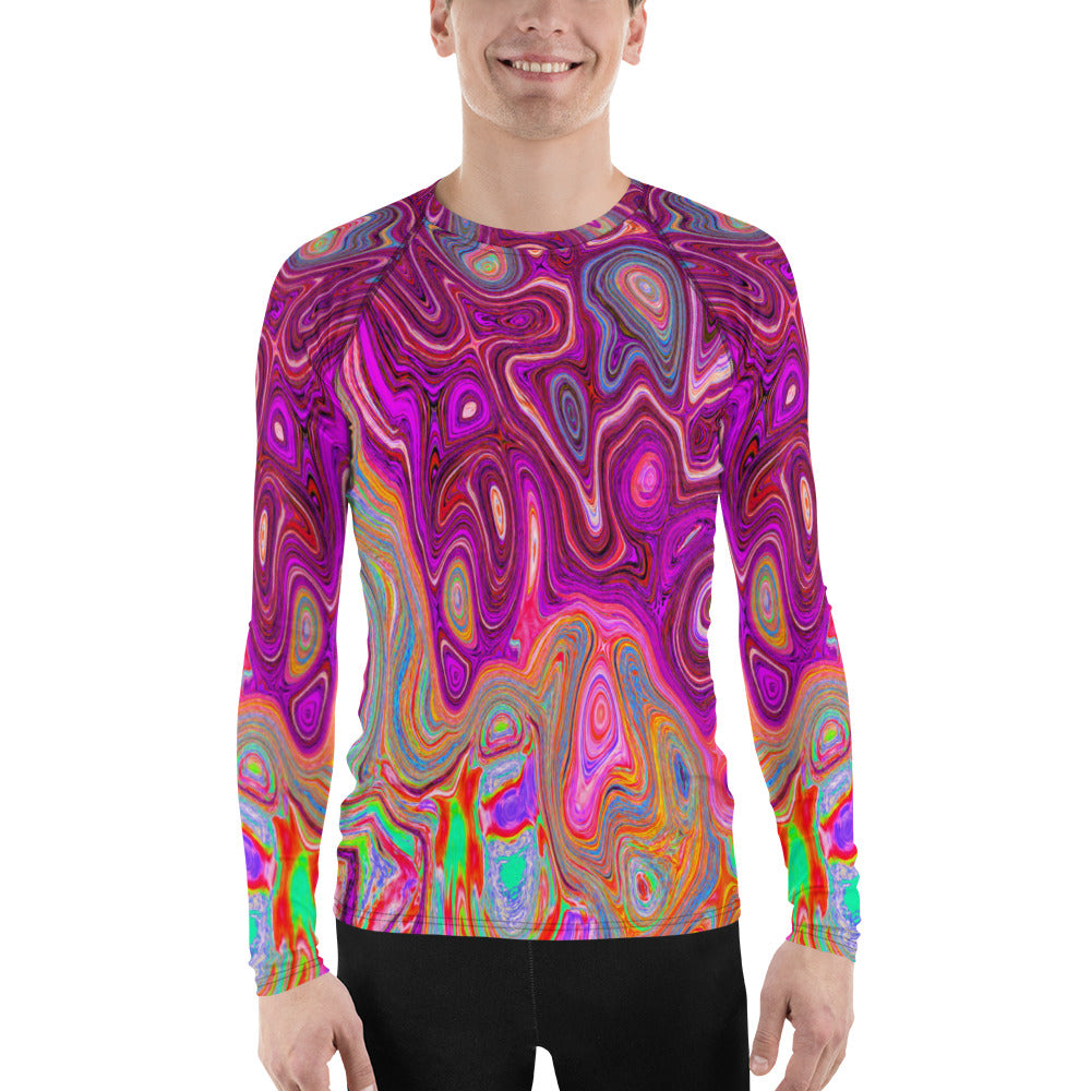 Men's Athletic Rash Guard Shirts, Trippy Abstract Cool Magenta Rainbow Colors Retro Art