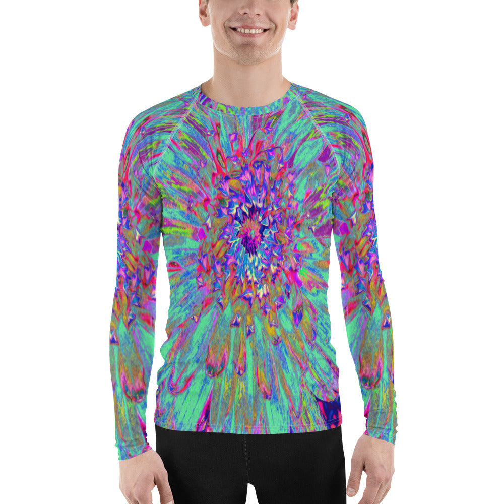 Men's Athletic Rash Guard Shirts, Aquamarine Rainbow Color Abstract Dahlia Flower