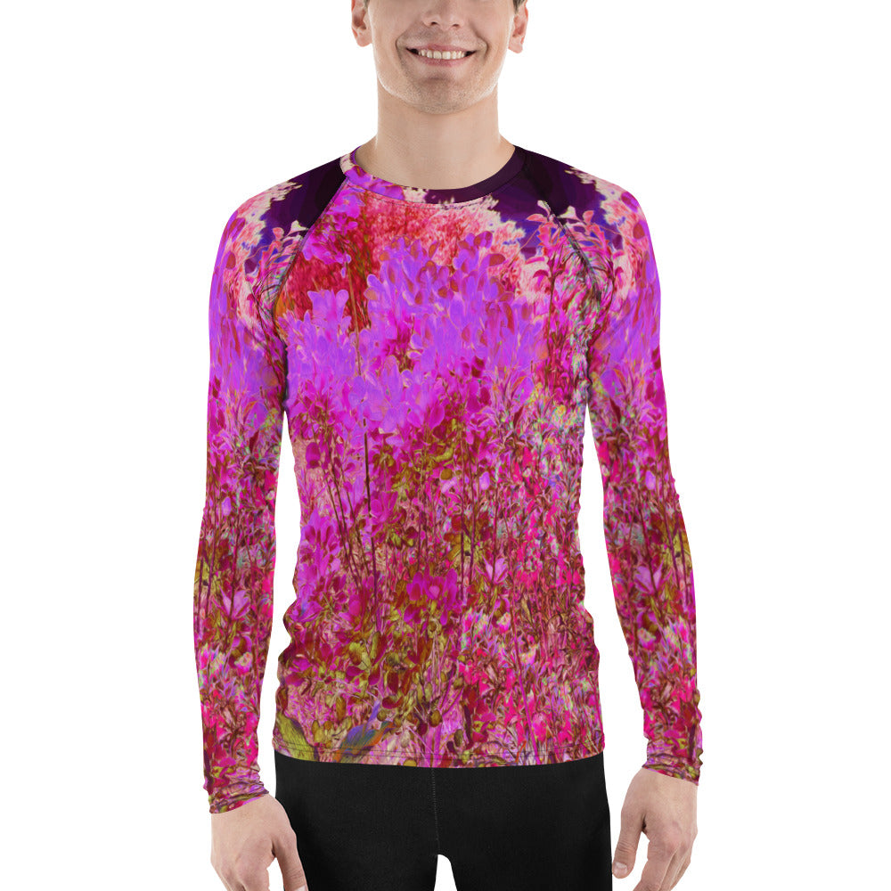 Men's Athletic Rash Guard Shirts, Colorful Abstract Foliage Garden with Purple Sunset