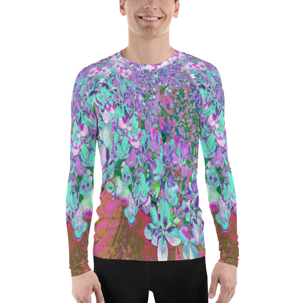 Men's Athletic Rash Guard Shirts, Elegant Aqua and Purple Limelight Hydrangea Detail