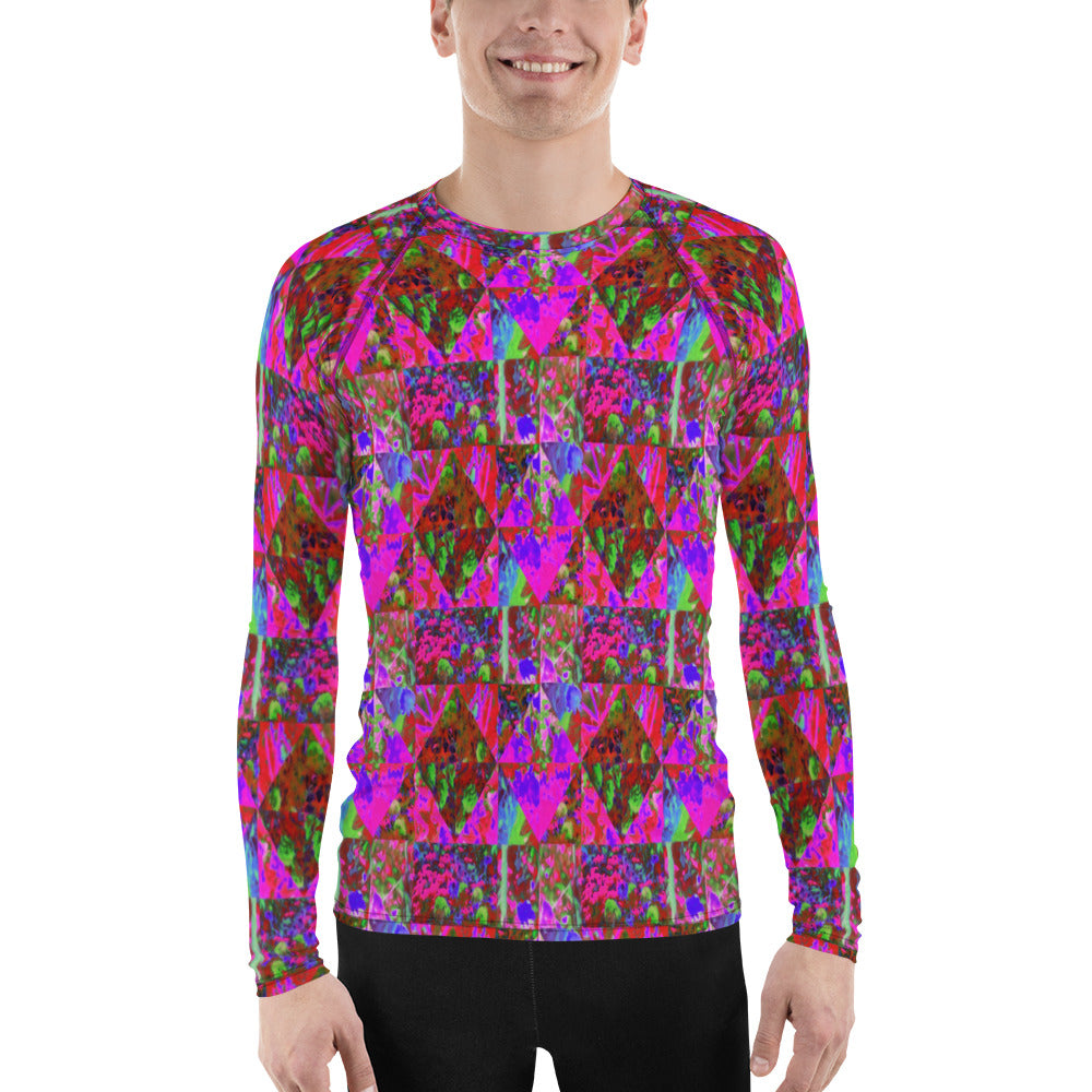 Men's Athletic Rash Guard Shirts, Trippy Garden Quilt Painting with Lime Green Hydrangea