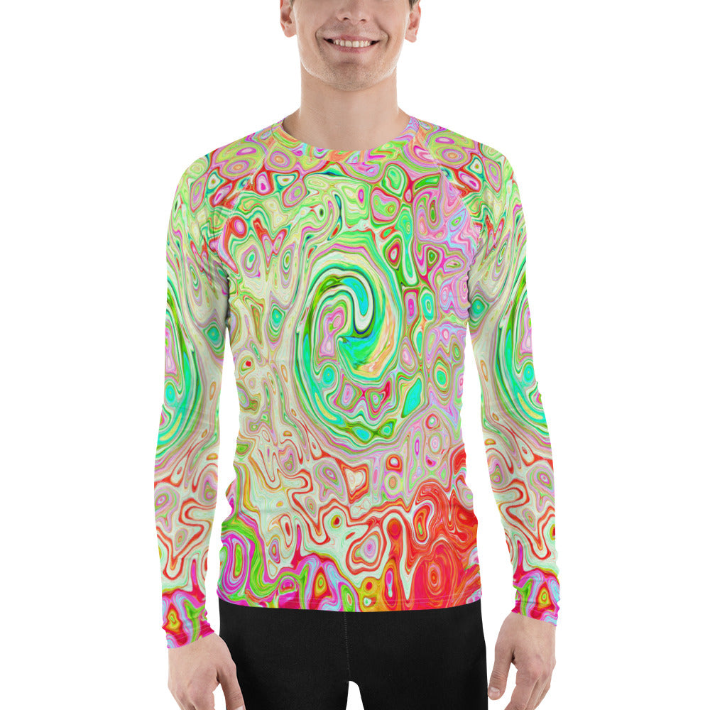 Men's Athletic Rash Guard Shirts, Groovy Abstract Retro Pastel Green Liquid Swirl