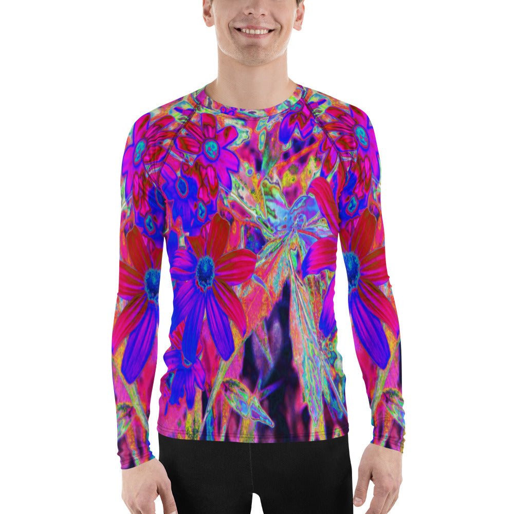 Men's Athletic Rash Guard Shirts, Psychedelic Retro Crimson and Magenta Wildflowers