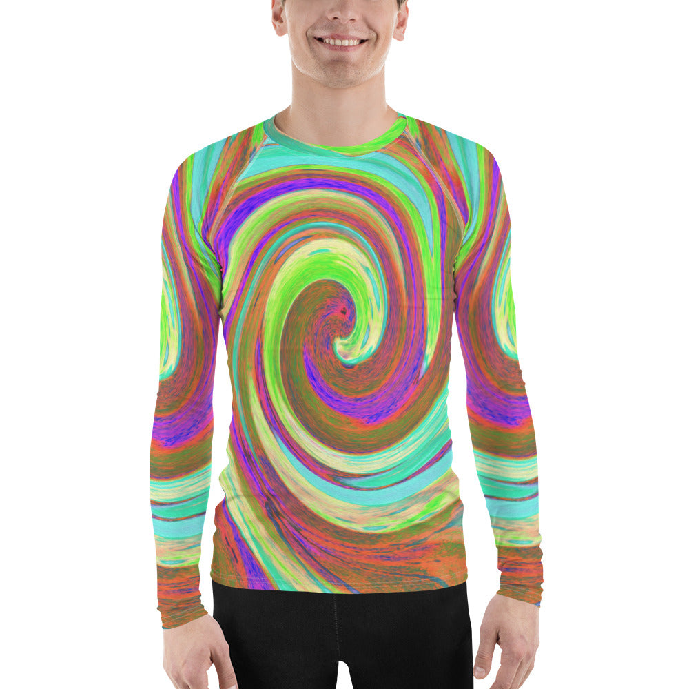 Men's Athletic Rash Guard Shirts, Cool Retro Autumn Colors Liquid Art Swirl Painting