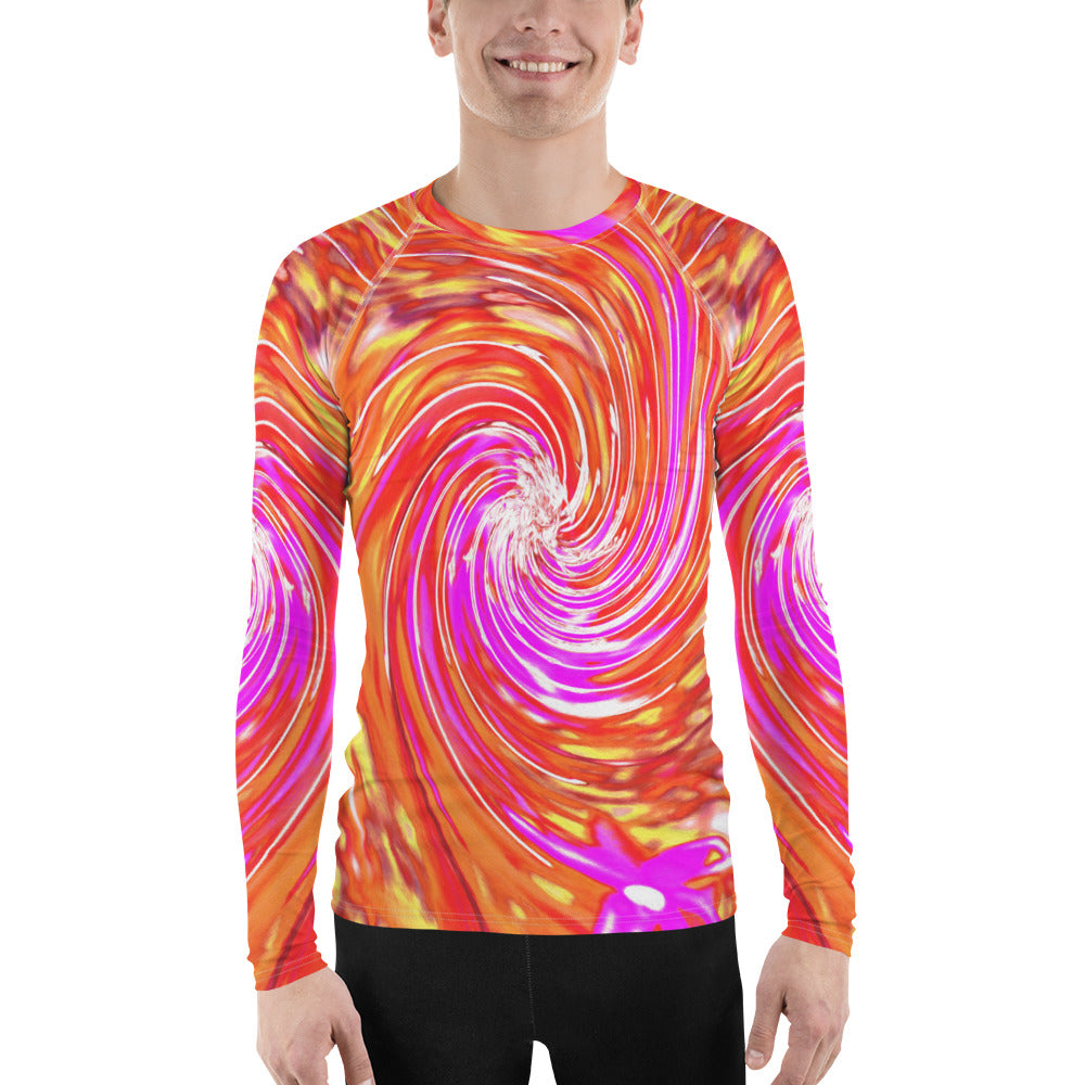 Men's Athletic Rash Guard Shirts, Abstract Retro Magenta and Autumn Colors Floral Swirl