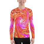 Men's Athletic Rash Guard Shirts, Abstract Retro Magenta and Autumn Colors Floral Swirl