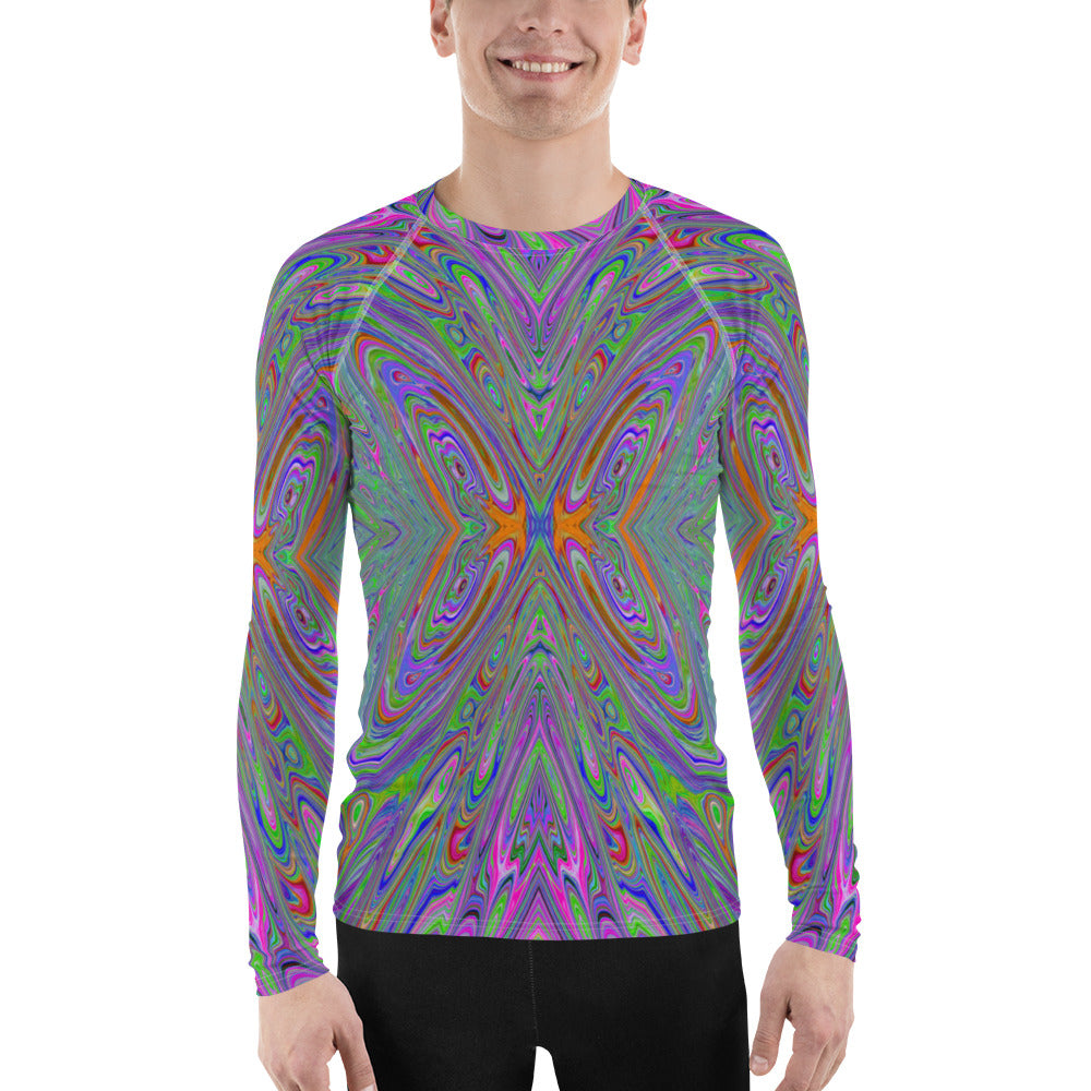 Men's Athletic Rash Guard Shirts, Abstract Trippy Purple, Orange and Lime Green Butterfly