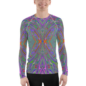 Men's Athletic Rash Guard Shirts, Abstract Trippy Purple, Orange and Lime Green Butterfly