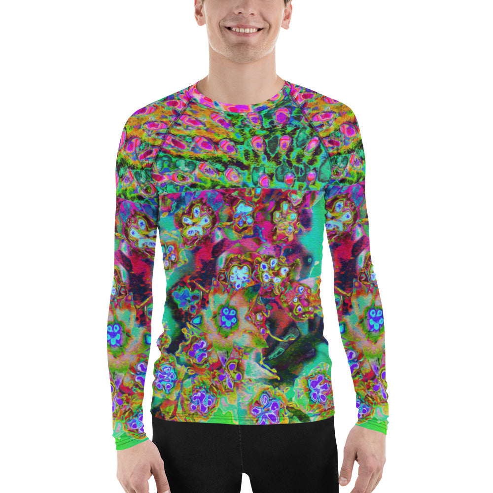 Men's Athletic Rash Guard Shirts, Psychedelic Abstract Groovy Purple Sedum All Over Print