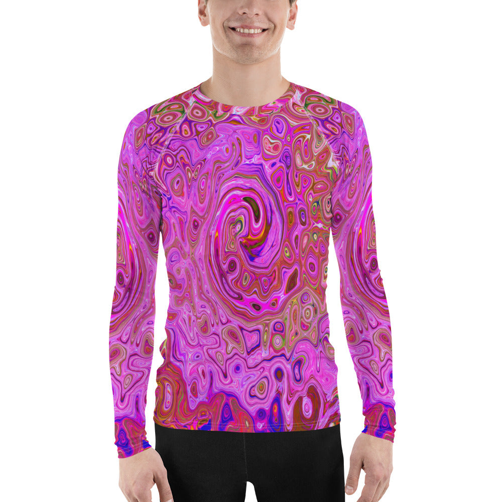 Men's Athletic Rash Guard Shirts, Hot Pink Marbled Colors Abstract Retro Swirl