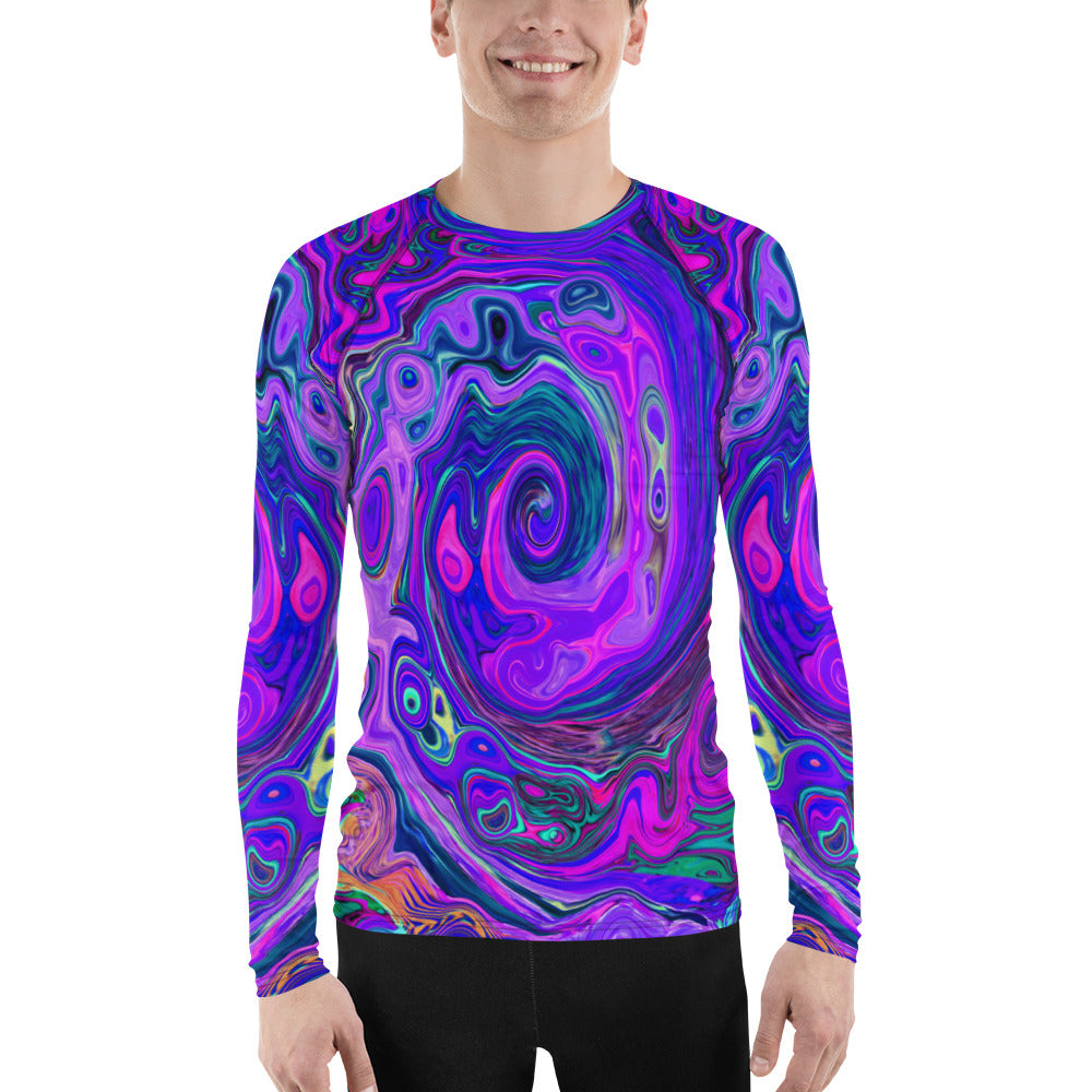 Men's Athletic Rash Guard Shirts, Groovy Abstract Retro Magenta and Purple Swirl