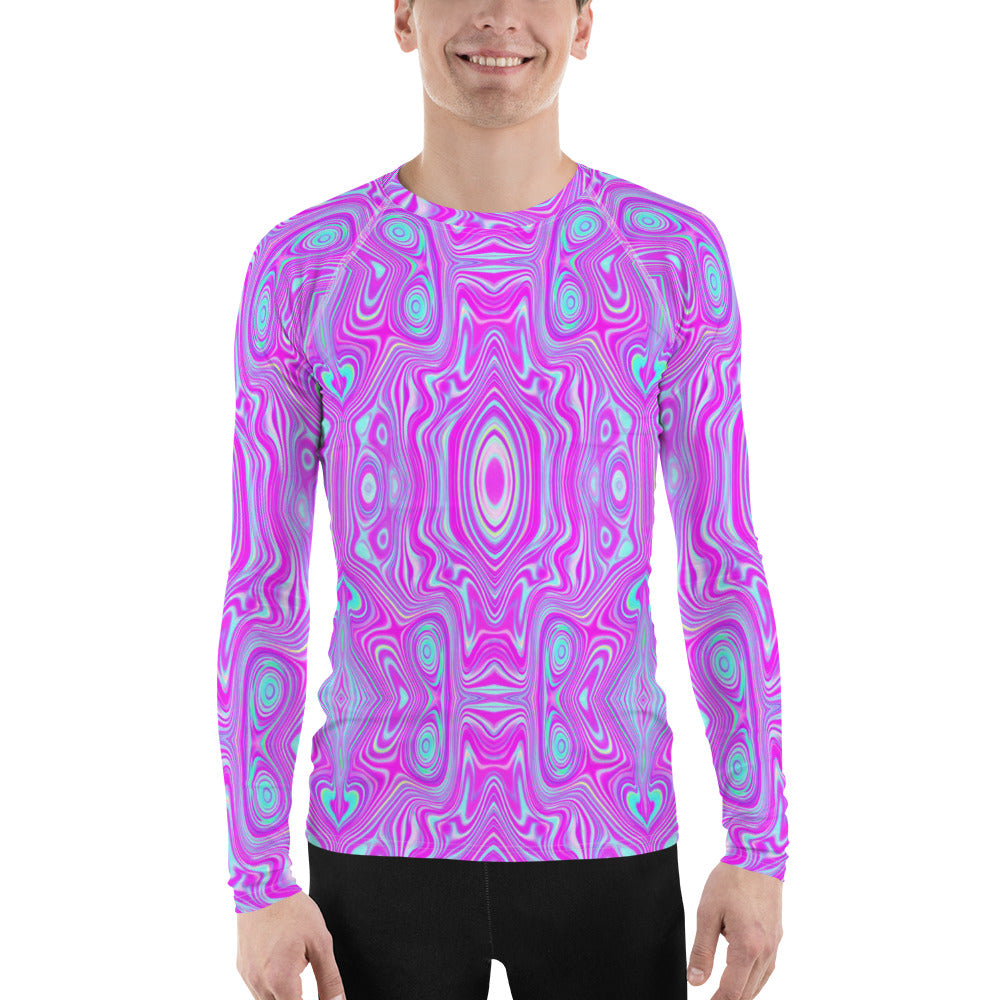 Men's Athletic Rash Guard Shirts, Trippy Hot Pink and Aqua Blue Abstract Pattern