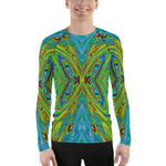 Men's Athletic Rash Guard Shirts, Trippy Chartreuse and Blue Abstract Butterfly