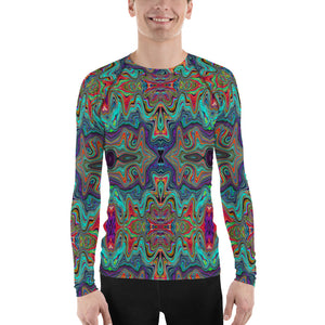 Men's Athletic Rash Guard Shirts, Wavy Sea Foam Green and Red Trippy Pattern