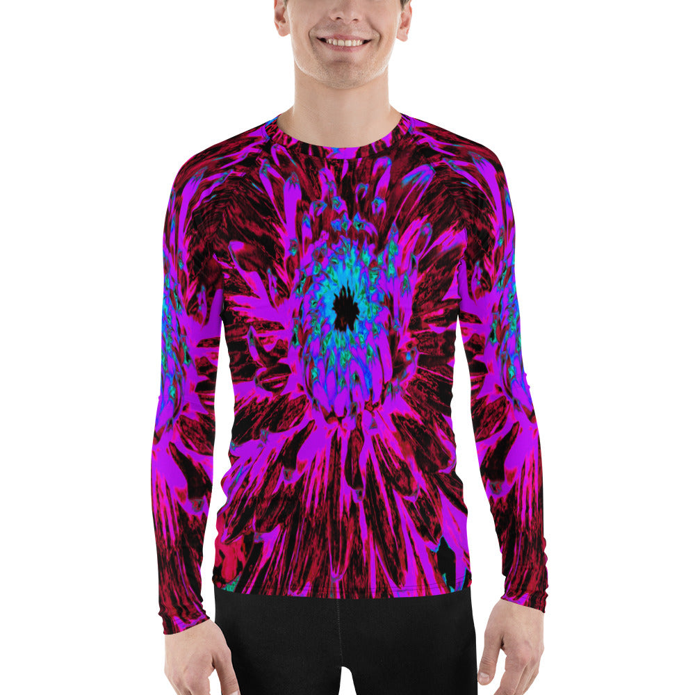 Men's Athletic Rash Guard Shirts, Dramatic Crimson Red, Purple and Black Dahlia