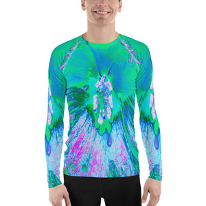 Men's Athletic Rash Guard Shirts, Psychedelic Retro Green and Hot Pink Hibiscus Flower