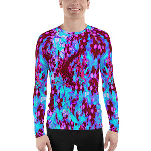 Men's Athletic Rash Guard Shirts, Crimson Red and Pink Wildflowers on Blue
