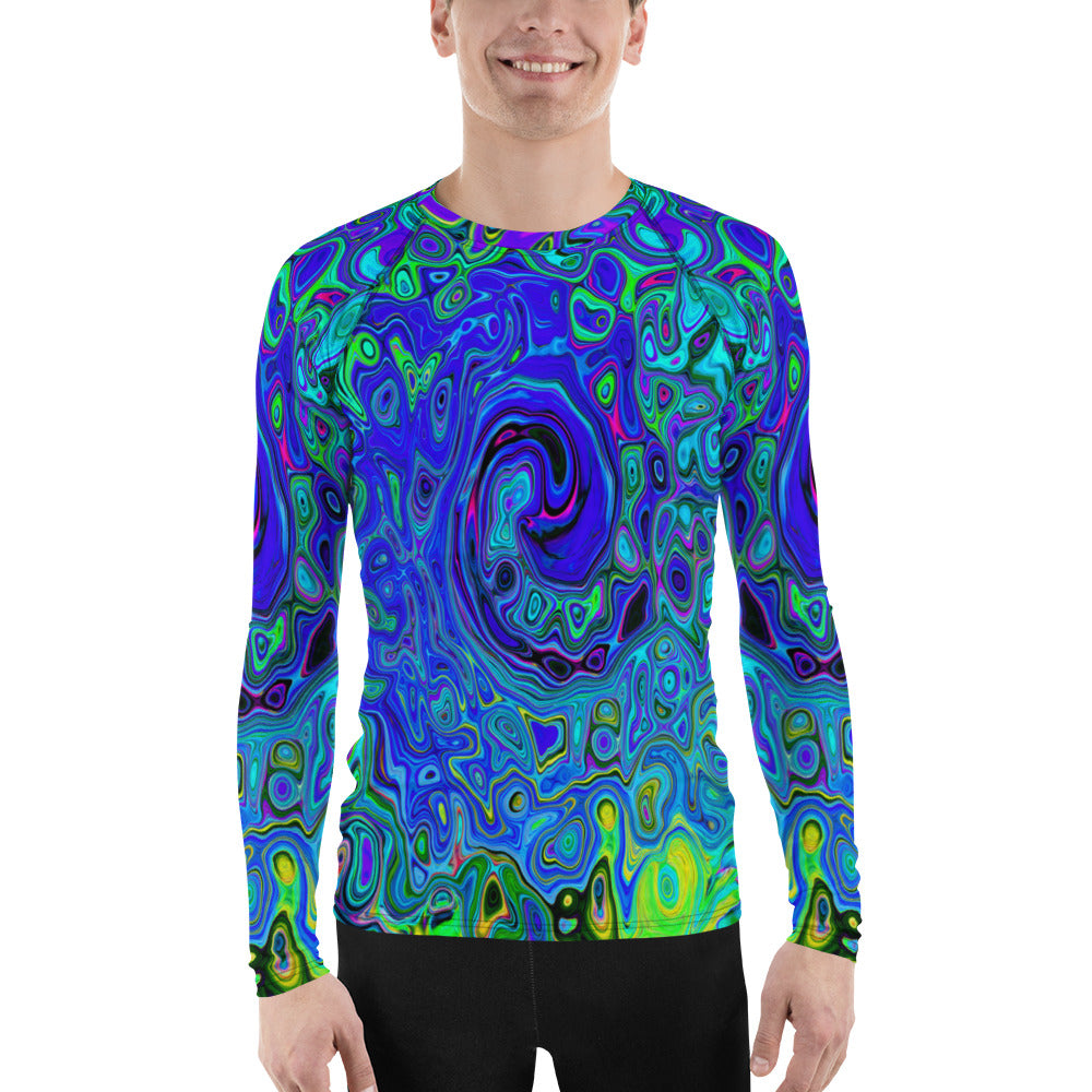Men's Athletic Rash Guard Shirts, Trippy Violet Blue Abstract Retro Liquid Swirl