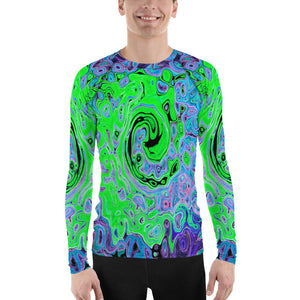 Men's Athletic Rash Guard Shirts, Lime Green Groovy Abstract Retro Liquid Swirl