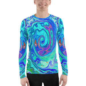 Men's Athletic Rash Guard Shirts, Groovy Abstract Ocean Blue and Green Liquid Swirl
