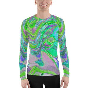 Men's Athletic Rash Guard Shirts, Cool Abstract Chartreuse and Blue Groovy Retro