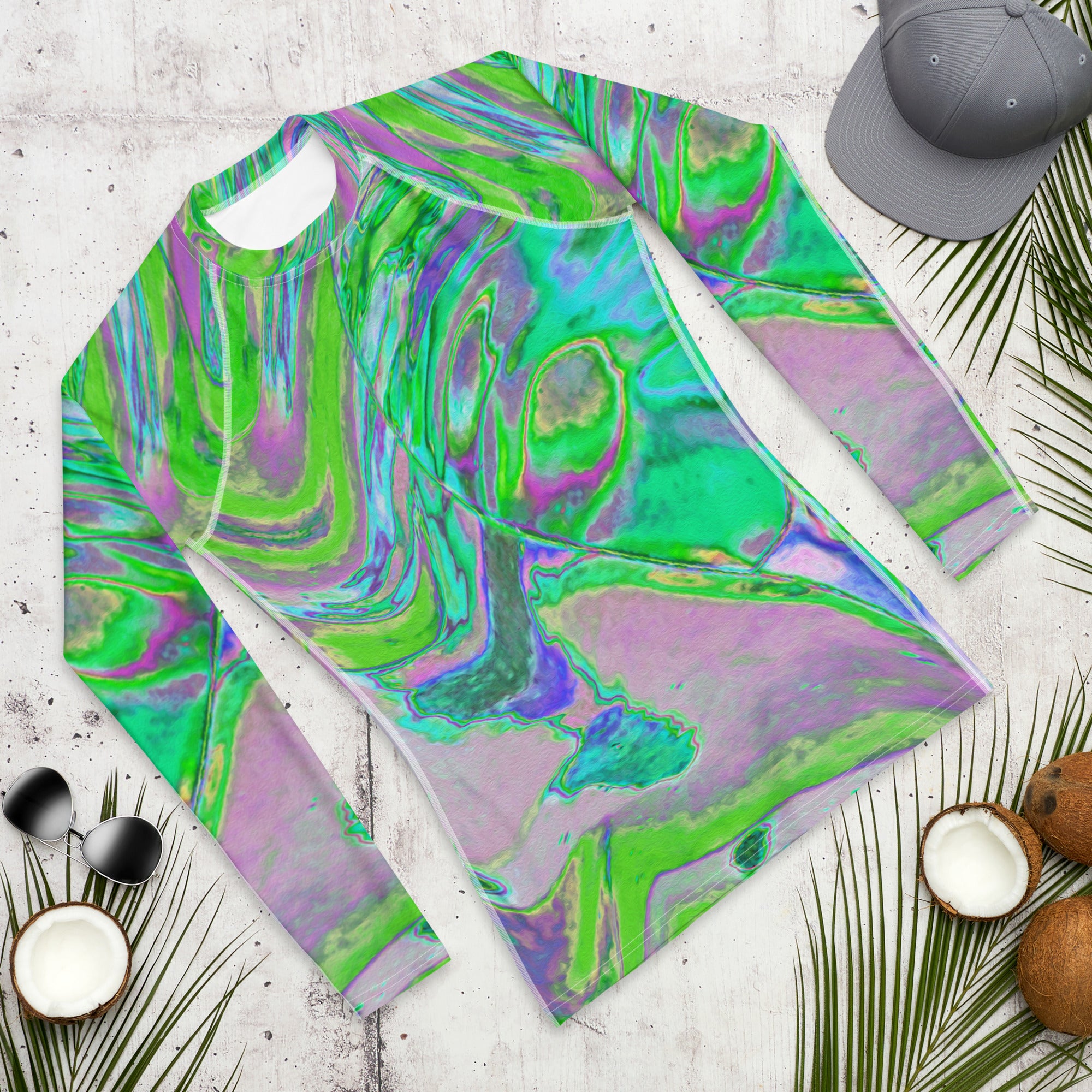 Men's Athletic Rash Guard Shirts, Cool Abstract Chartreuse and Blue Groovy Retro