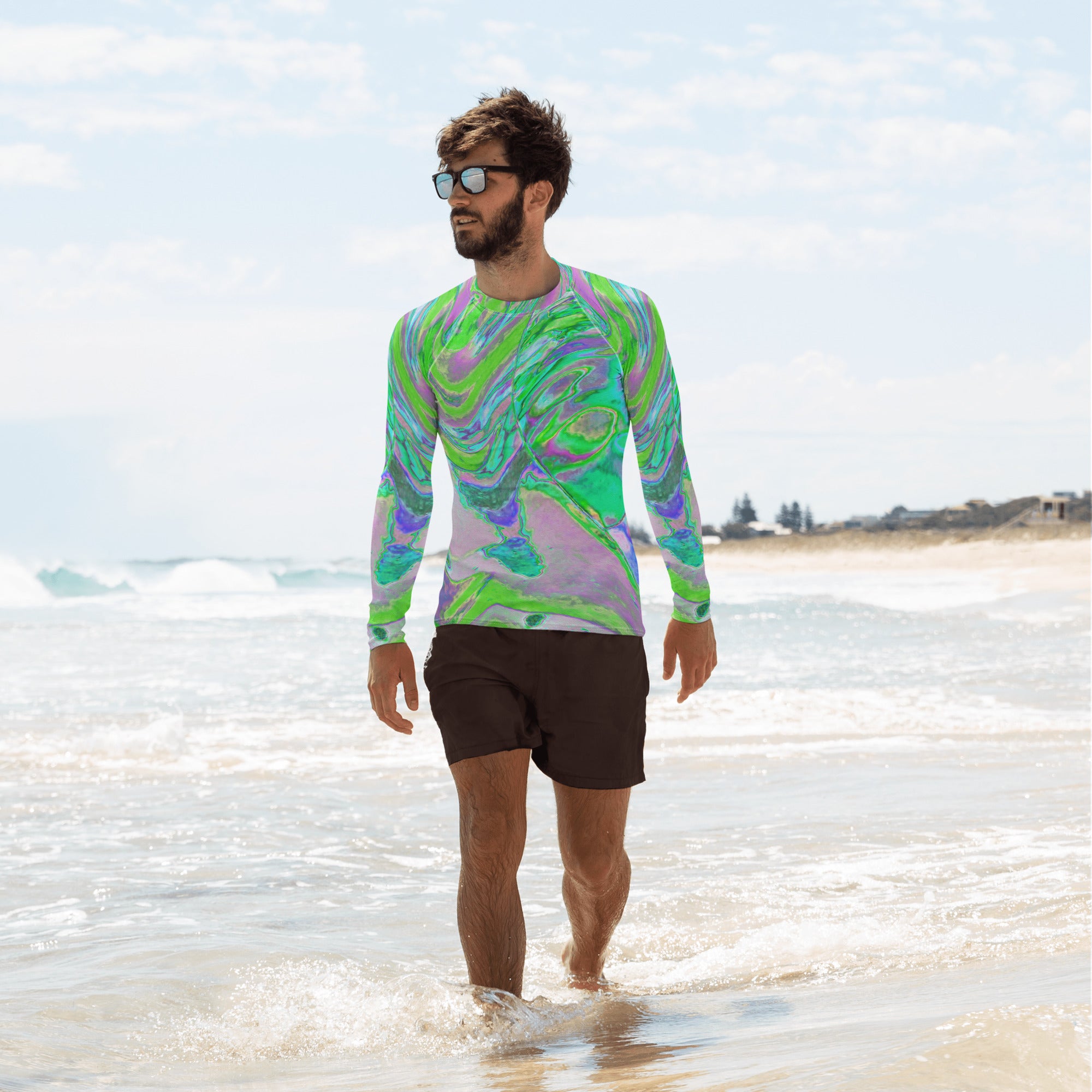 Men's Athletic Rash Guard Shirts, Cool Abstract Chartreuse and Blue Groovy Retro